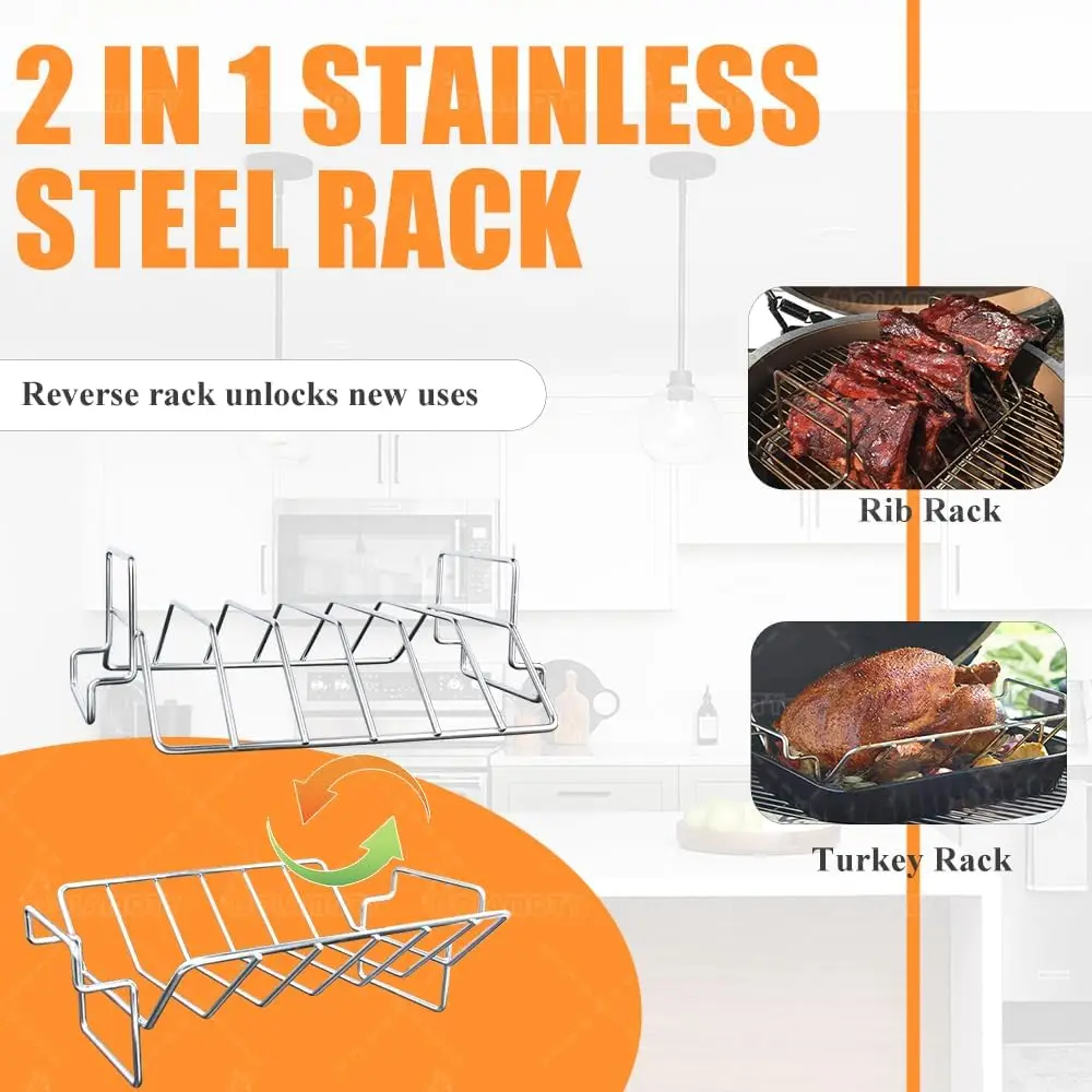 Turkey Roaster Pan, Roasting Rack Holder Set For Kitchen Oven Smoker Grilling, Reversible Rib Meat Broiler Tray With Handles, Modern Style, Silver, 2 Piece Set
