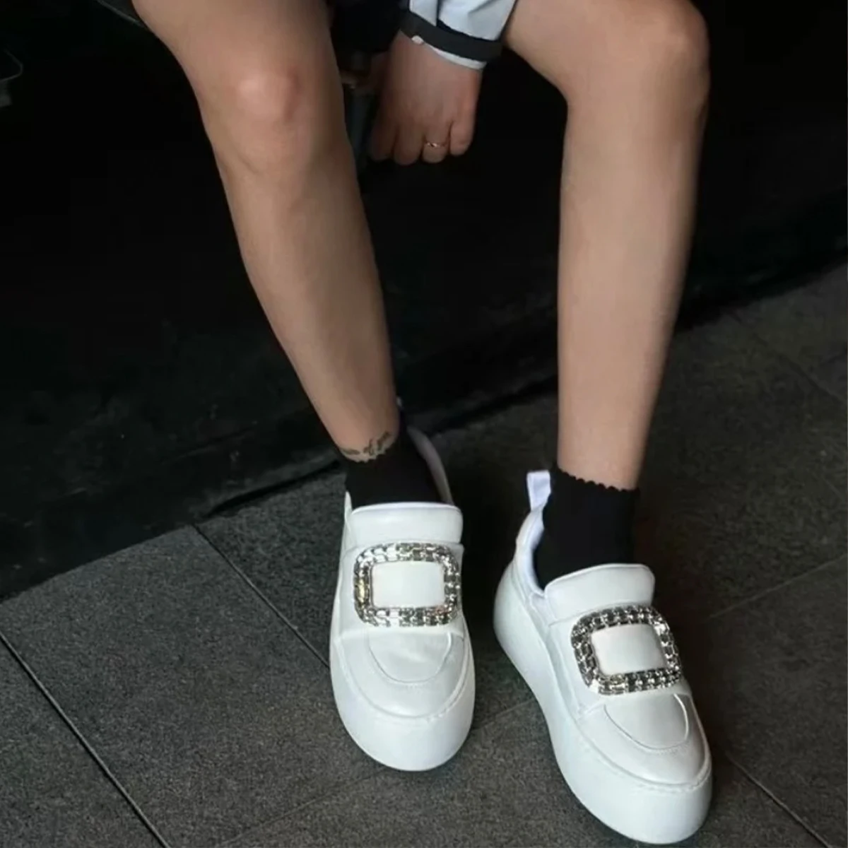 NIGO Women's Diamond Metal Buckle White Shoes Thick Bottom Sneakers Cute Sweet Hundred Shoes Height Increase 6cm #NGSH1421