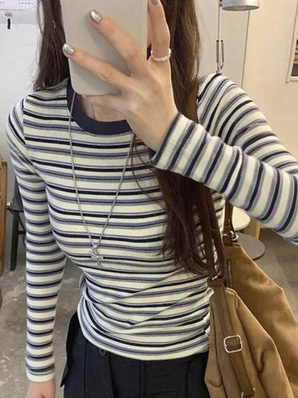 Autumn Winter Women's Long Sleeve Thin T-Shirt Casual Versatile Inner Wear Shirt Design Sense Slim Fit Striped Print Top