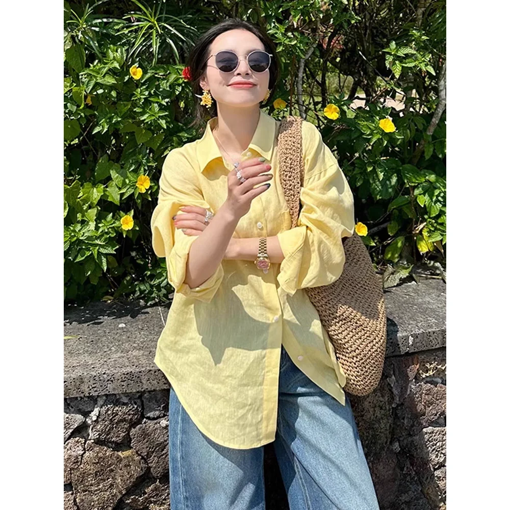 

Желтая женская рубашка с воротником, свободного кроя, с защитой от солнца, с длинными рукавами, средней длины, открытый кардиган, топ во французском стиле, хлопок, весна