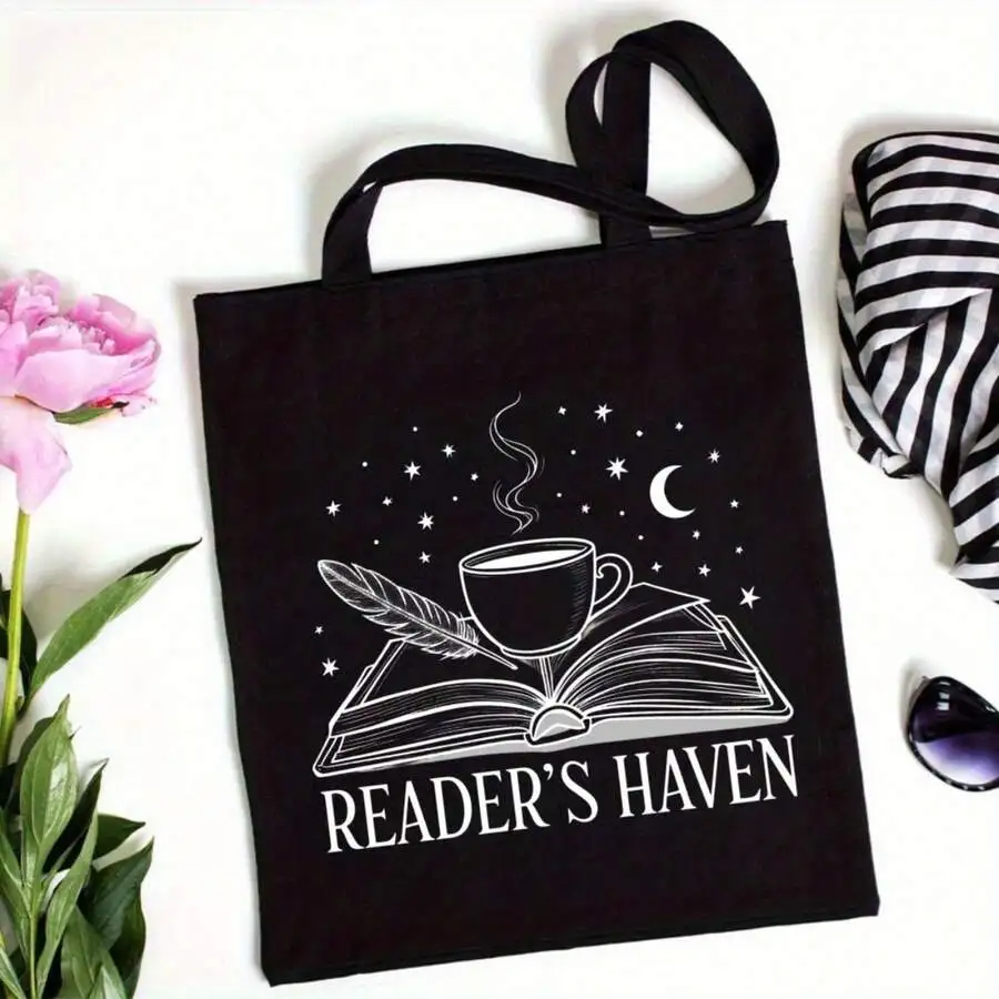 

Book Themed Tote Bag For Readers With Coffee Moon Print Canvas Book Lover Gift