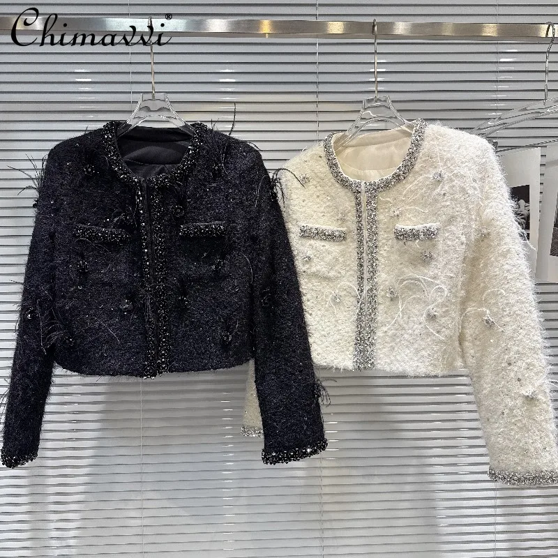 

2025 Autumn New French Style Heavy Rhinestone Ostrich Feather Decorated Jacket Elegant Party Women's Woolen Short Coat Fashion