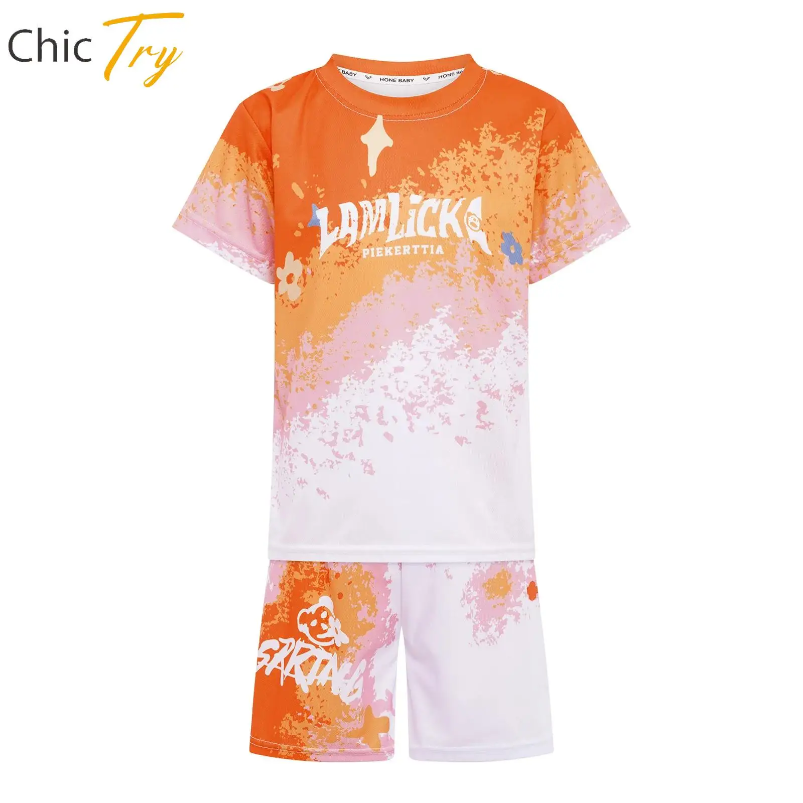 

Boy Fashion Gradient Summer Sports Set Round Neck Quick-Drying Short Sleeve T-shirt with Shorts for Athletic Basketball Football