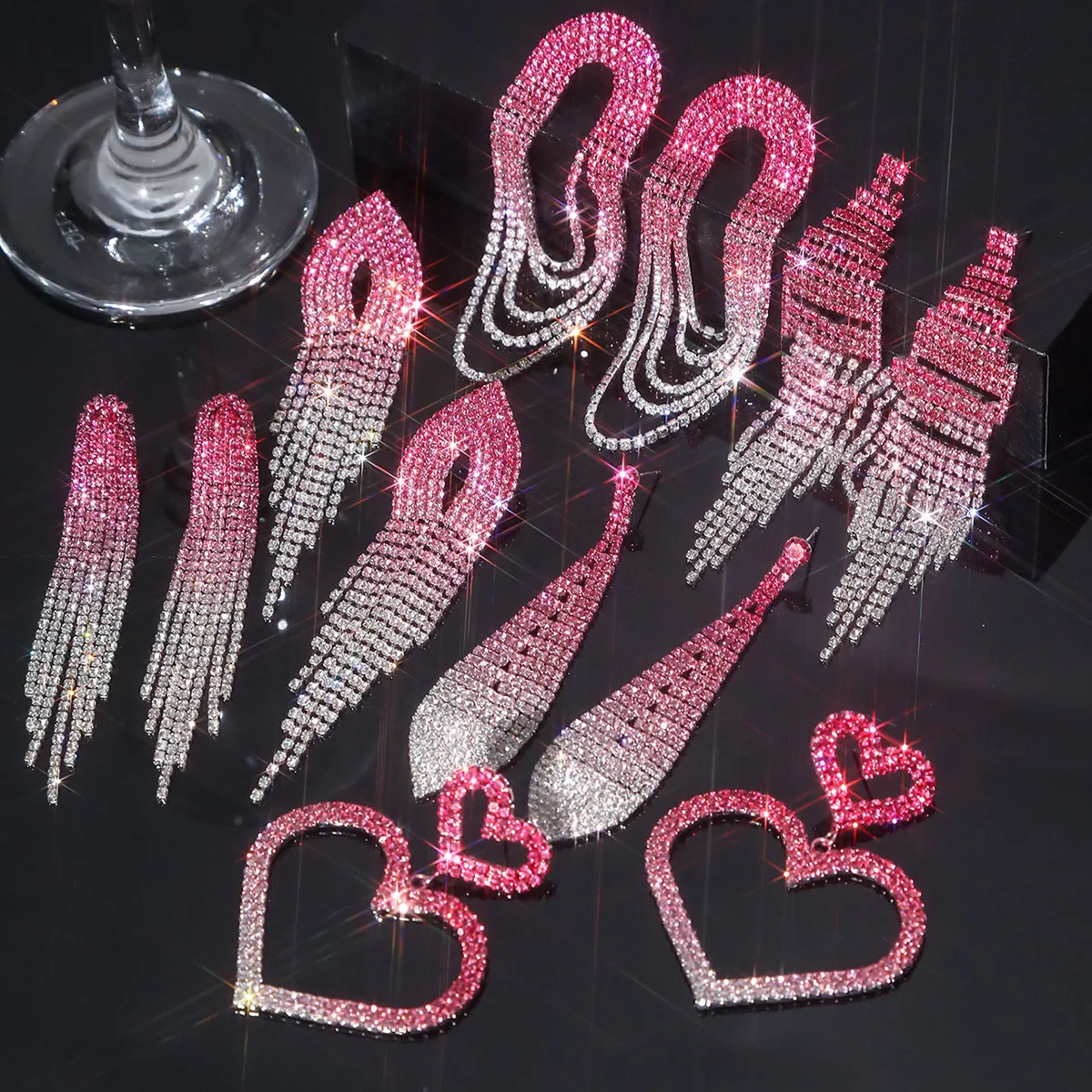 Pendientes largos de borla de diamantes de imitación superflash de lujo de la serie Rosa degradada