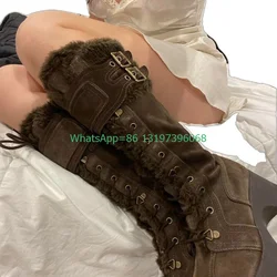 Lady Brown Suede Fur Lace-Up Knee Boots Wedge Heel Winter Dress Punk Boots Footwear Fur Vintage Style Punk Boots Size 34-46