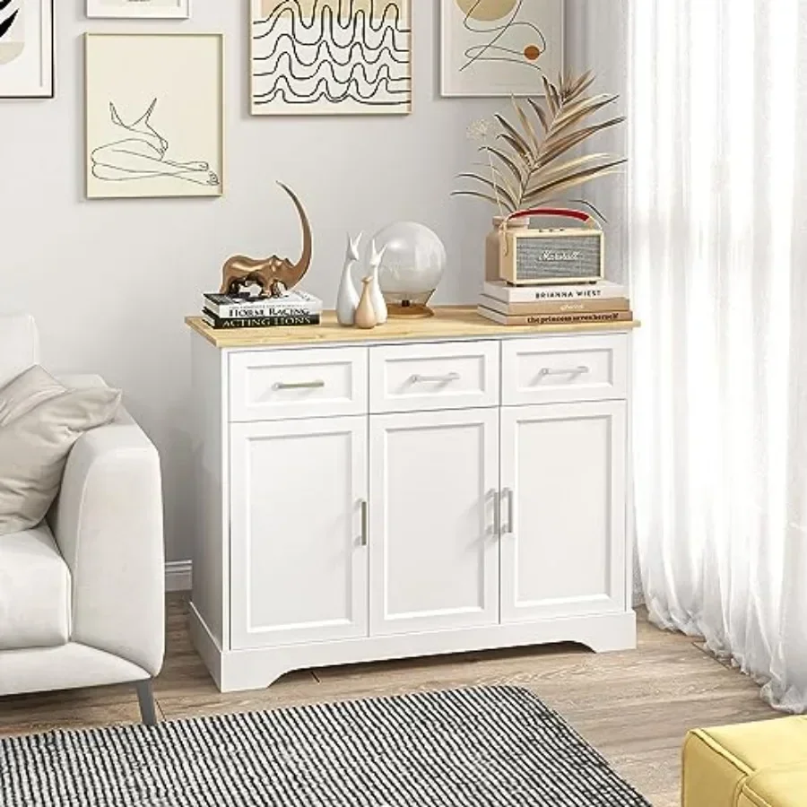 Sideboard Buffet Cabinet for dining room use, MDF wood material, white color, with 3 smooth-gliding storage drawers and ample s