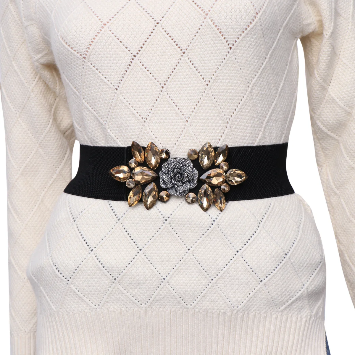 

Crystal Rose Waist Belt For Women Floral Buckle Adjustable Fit Dress Skirt Jacket Tawny Elastic
