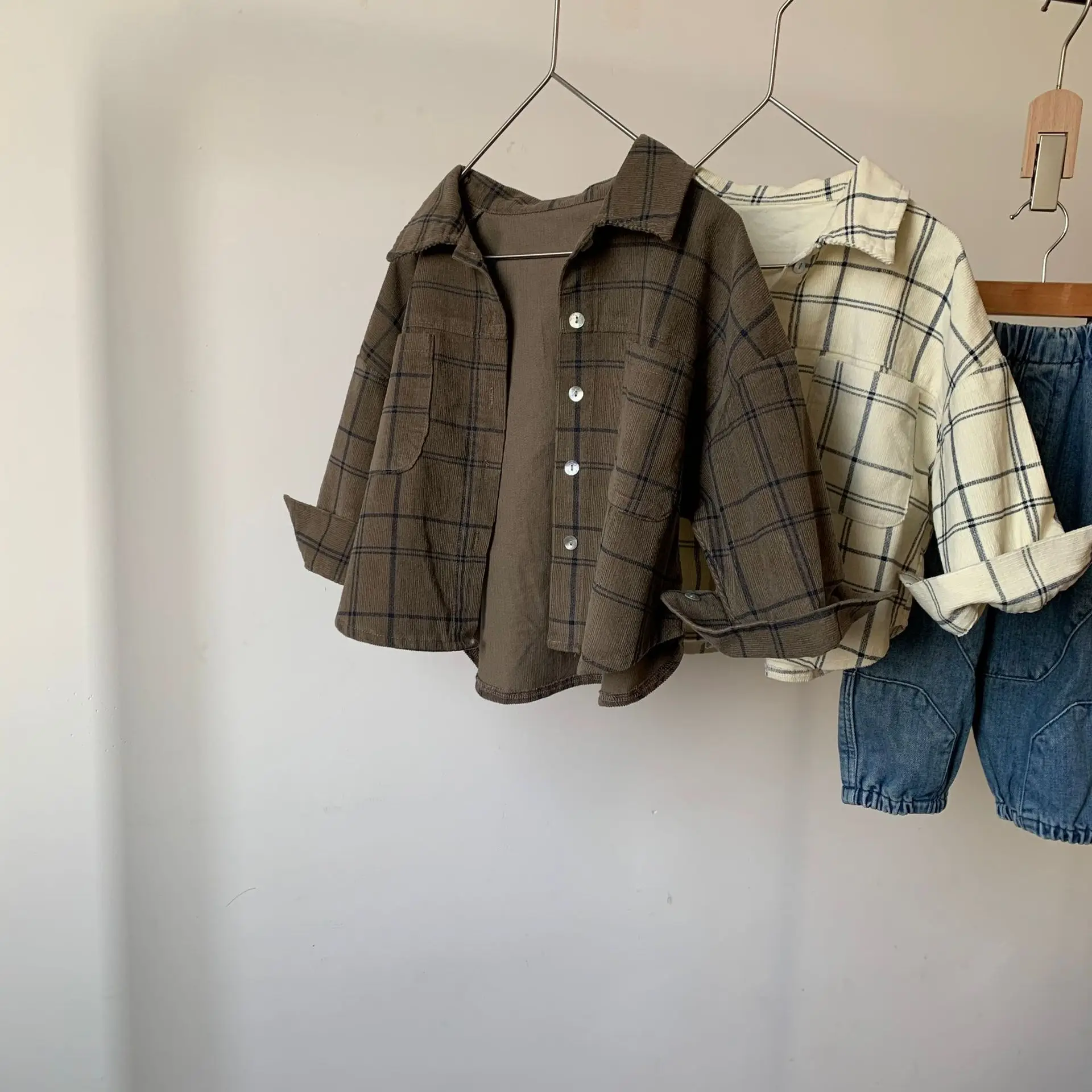 kids spring new 2024 corduroy plaid long sleeved shirt children\'s retro style casual top Korean