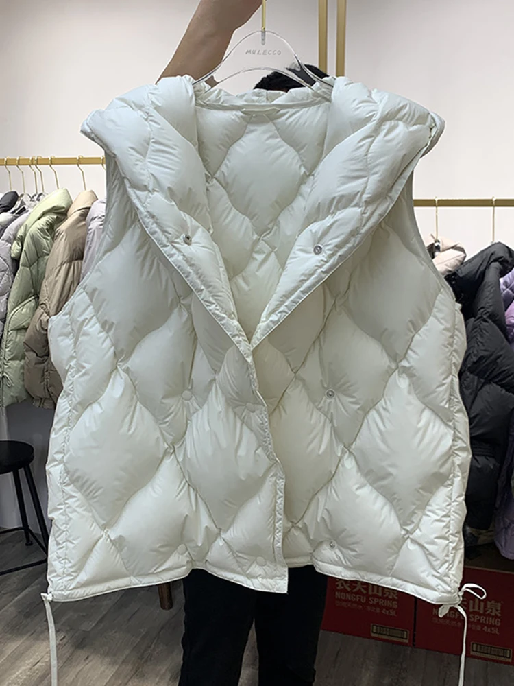 FTLZZ Winter Female Hooded Single Breasted Sleeveless Vest Jacket Women White Duck Down Coat Casual Lady Puffer Outwear