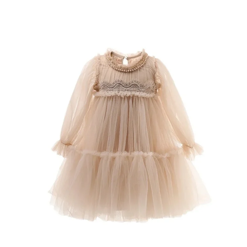 Kids Girl Princess Dress Round Collar Party Dresses with Lace Mesh Long Sleeves for Children Clothing