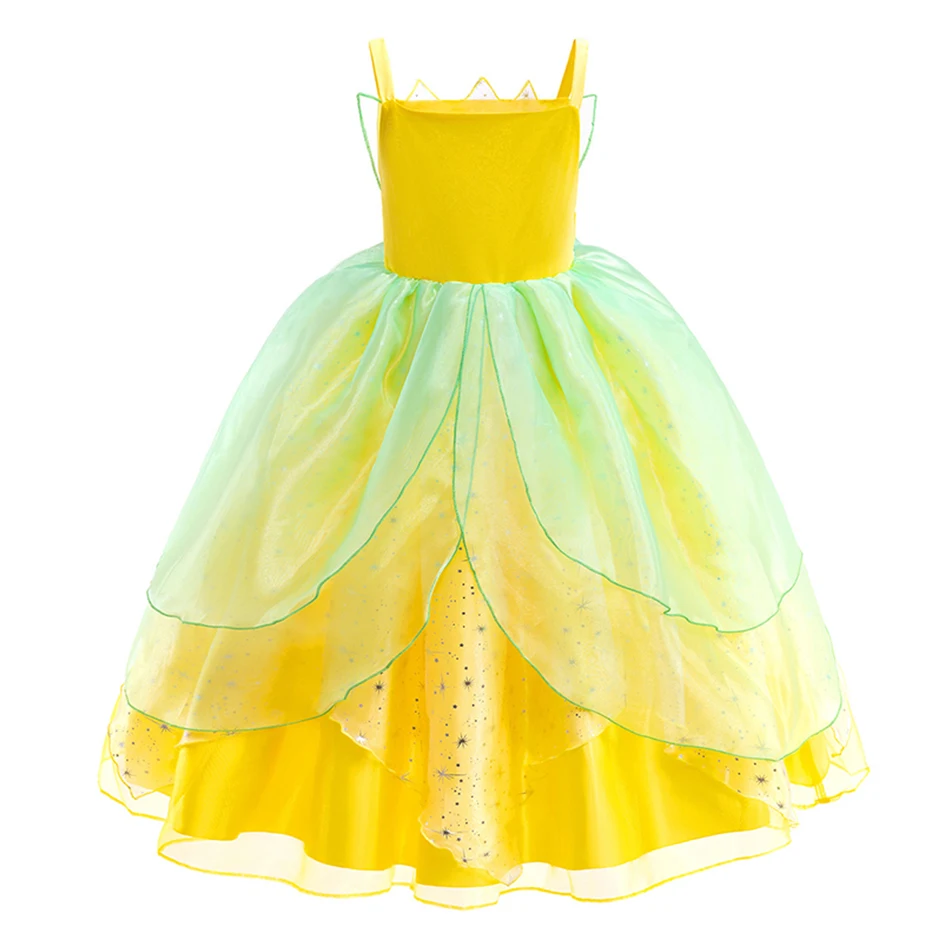 Charmante grüne Elfe für Mädchen, brillante Blumenzweige, Dekoration, Cosplay-Kleid, geeignet für Tiana-Staatsaufführungen und Themenpartys