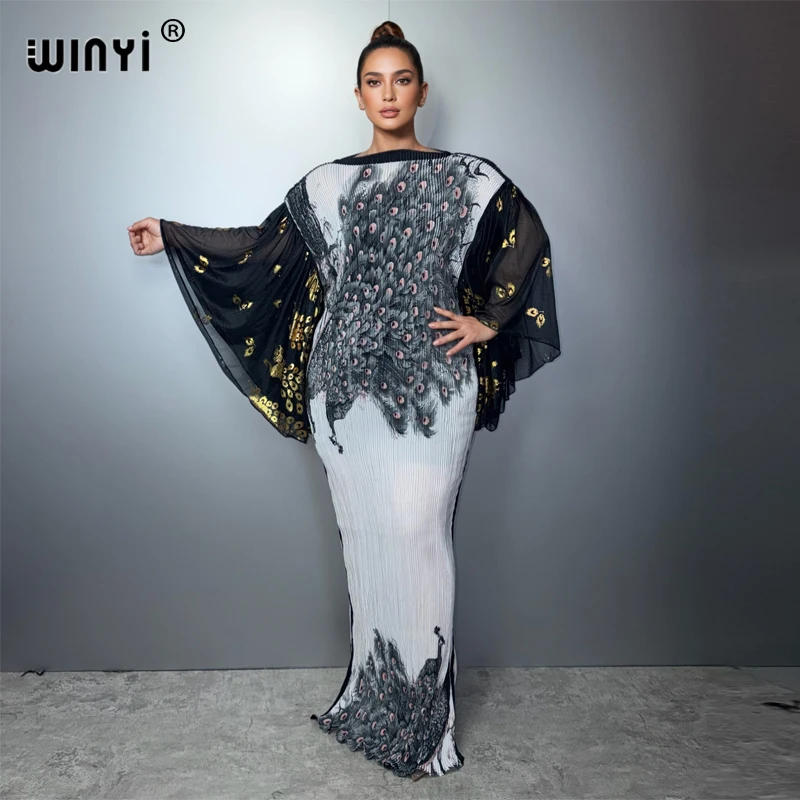 WINYI Women's Pleated Slim Dress with Puff Sleeves Beach Cover up Muslim Kaftan Abaya Dubai Luxury Long Evening Dress