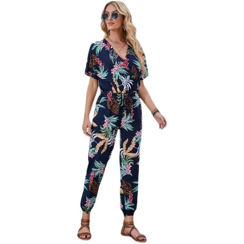 

Summer New V-ne Le Flower Waist-cinched ort Sve Jumpsuit Long Pants Women's Overall Thin Fabric Commute Sle