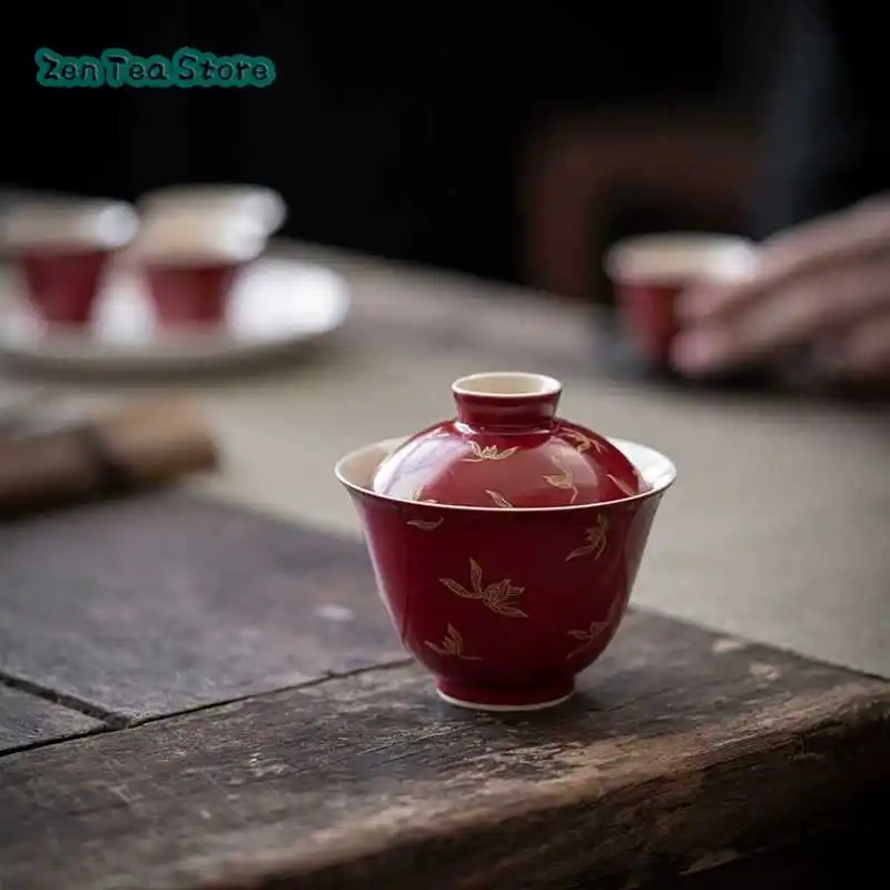 Lang Red Hot Foil Orchid Cover Bowl Red Ceramic Tea Bowl National Style Wedding Ceremony Tea Bowl Tea Cup Chinese Style