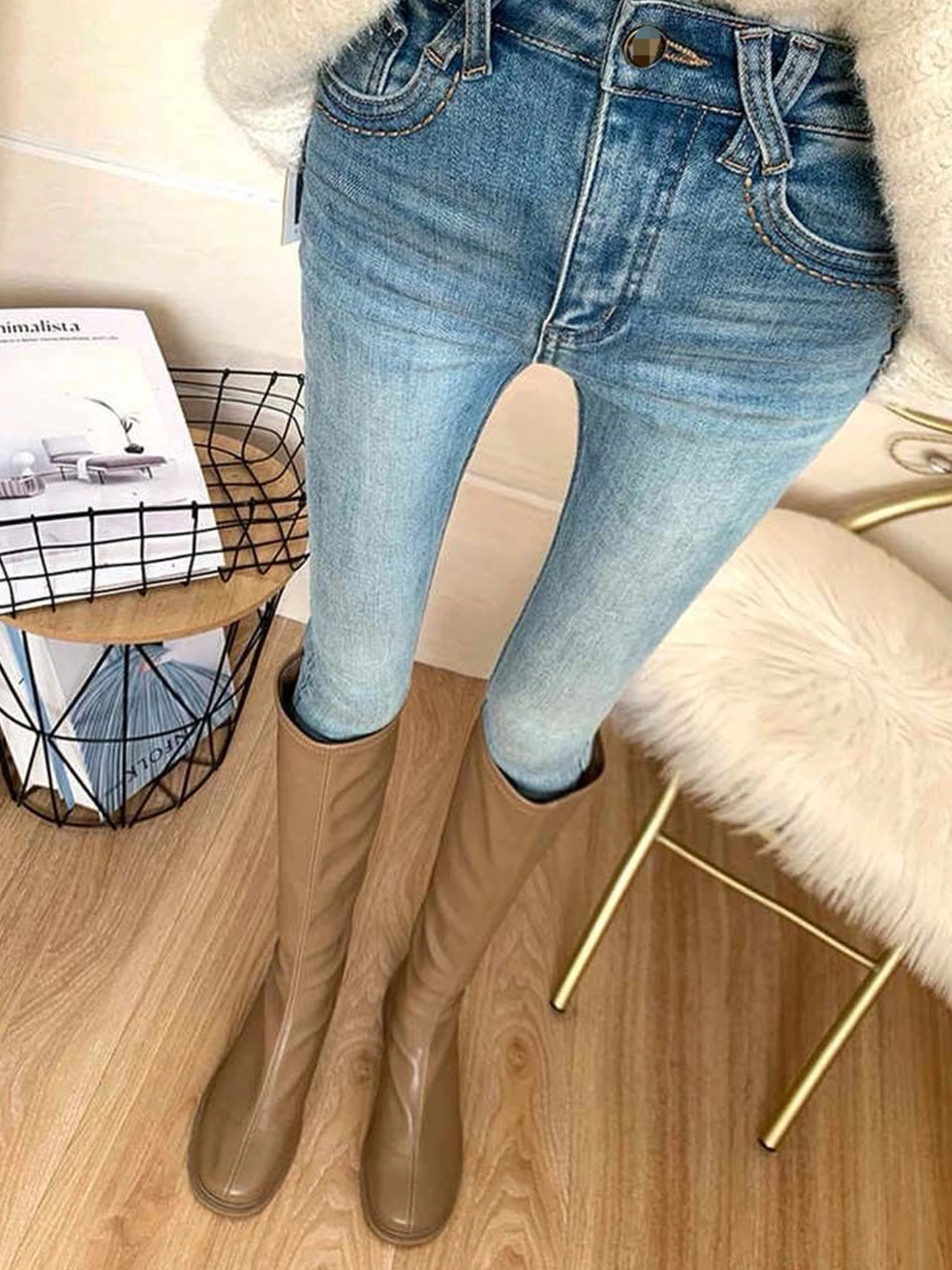

Thickened Fleece High Waist Slim Fit Jeans Women's Autumn Winter New Style Casual High Waist Skinny Long Pants Pencil Jeans