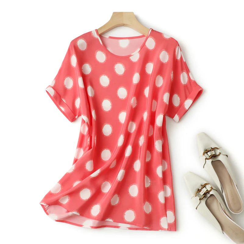 2023 New Polka Dot Silk Blouse Women's Summer Round Neck Temperament Raglan Short Sleeve Silk T-shirt Printed Shirt