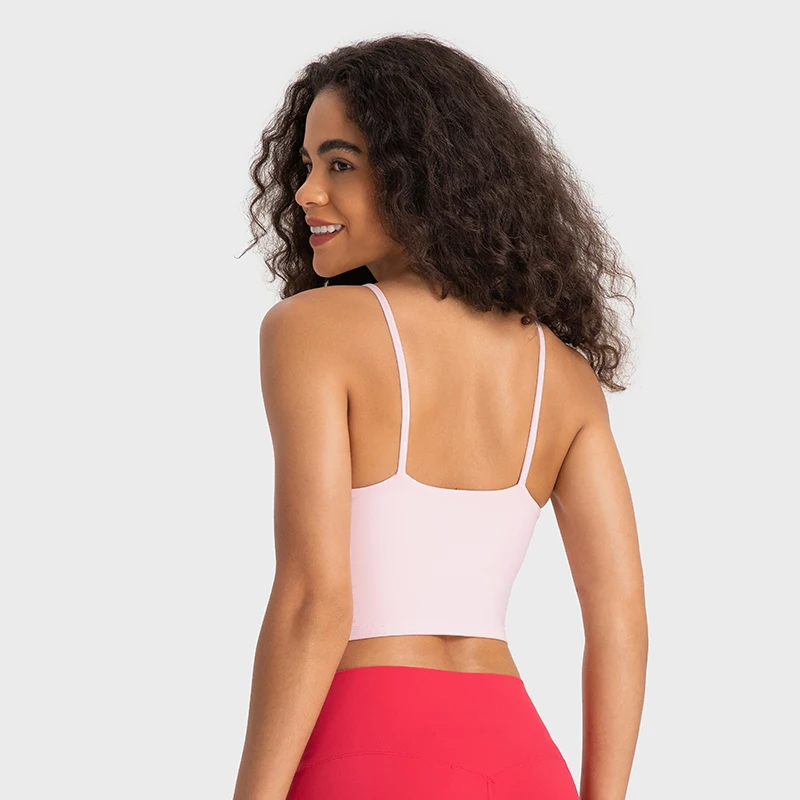 Women Low Impact Longline Sports Bra Sexy Spaghetti Strap Cropped Yoga Gym Tanks & Camis with Built In Bra Top