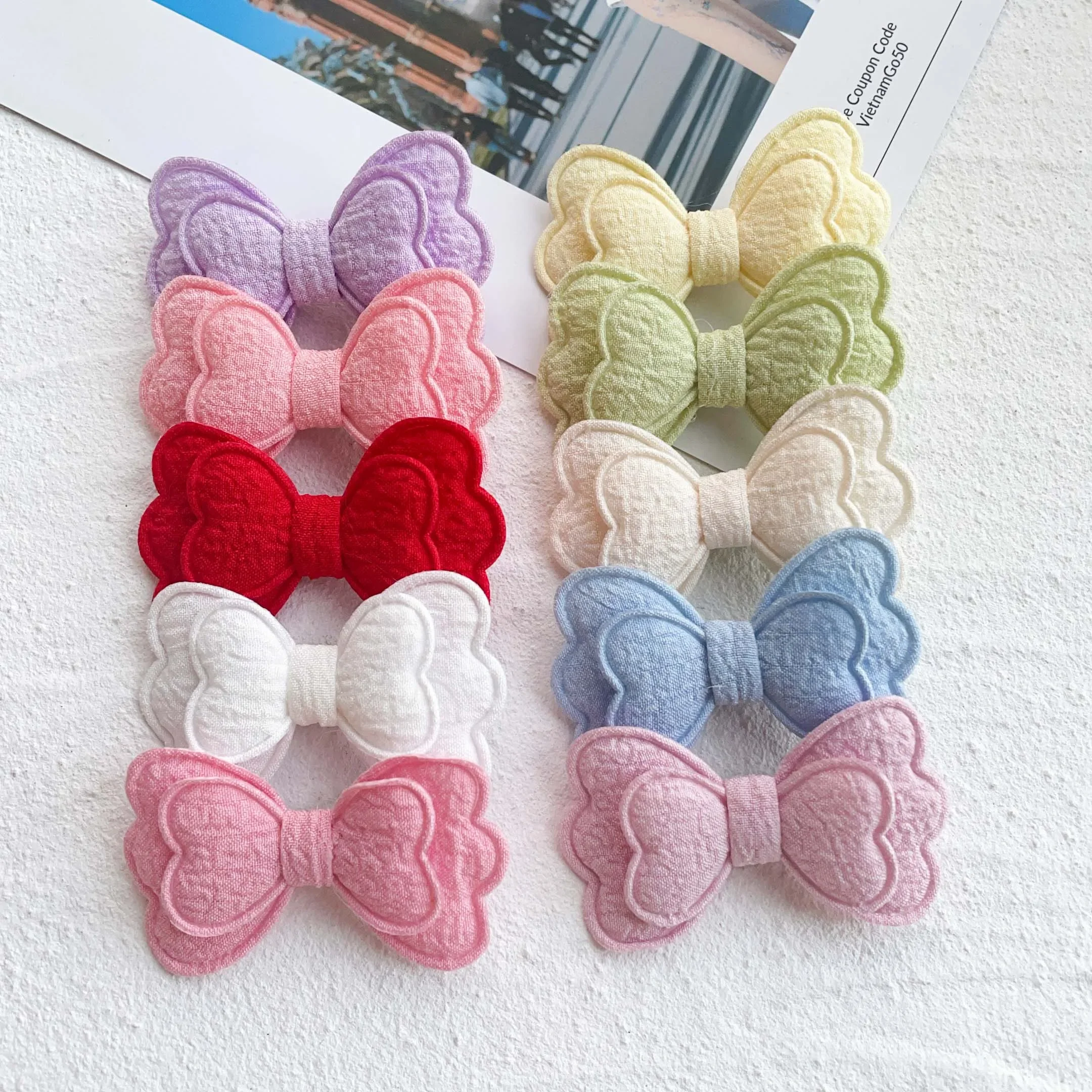 3/4/10 pçs menina bonito macaron de dupla camada colorido arco grampo de cabelo feito de material de algodão seguro artesanal acessório de cabelo crianças presente