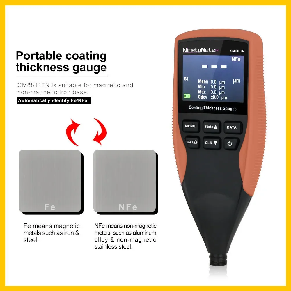 CM8811FN Professional Fe/NFe Digital Coating Thickness Gauge LCD Backlight Car Painting Thickness Meter 0-1250um Separate Probe