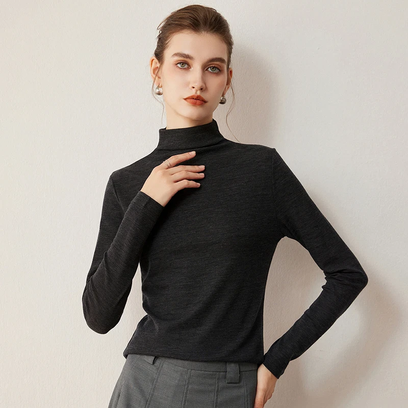 

Spring Autumn New Women Slim Pullover Elastic 100% Wool Sweater Mock-Neck Knit Breathable French minimalist fine spun woolen Top