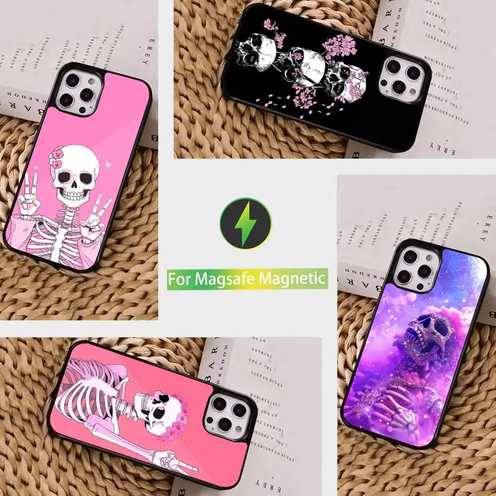 

Cartoon Pink Skulls Phone Case For iPhone 16,15,14,13,12,11,Pro,Max,Plus,Mini, Magsafe,Magnetic Wireless Charging Case
