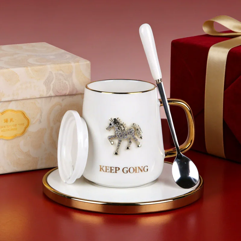 400ml Horse Ceramic Coffee Mug Gifts for Mom Daughter Cute Horse Mug with Spoon and lid Gift for Birthday