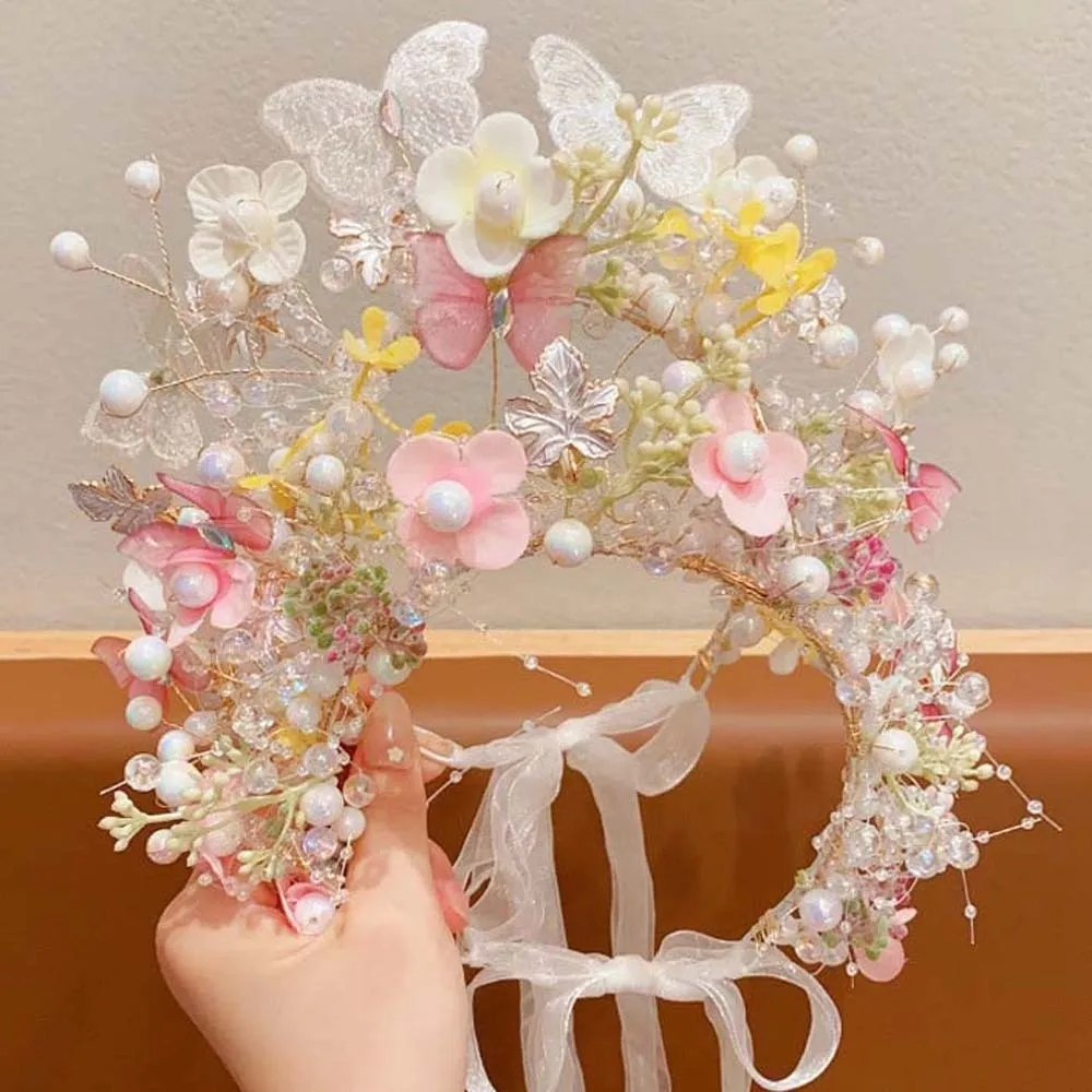 

Обруч для волос в богемном стиле, бабочка, фея, имитация цветка, шелковая лента, головной убор с цветком, бусины, регулируемый венок, повязка на голову