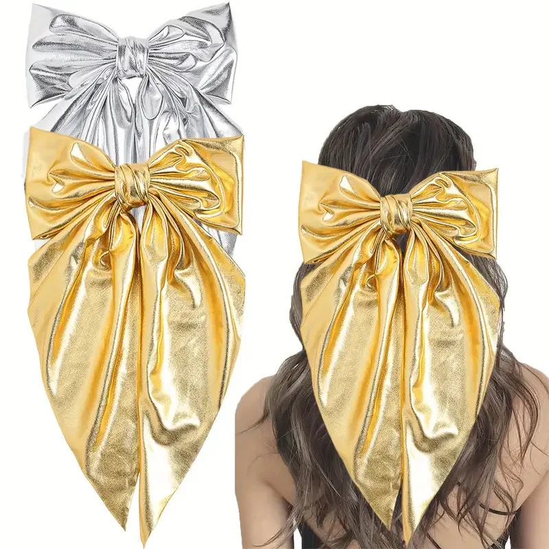 Pinza para el pelo con lazo dorado y plateado minimalista, accesorio para el cabello con cinta grande para mujer, clip de primavera en la parte posterior de la cabeza