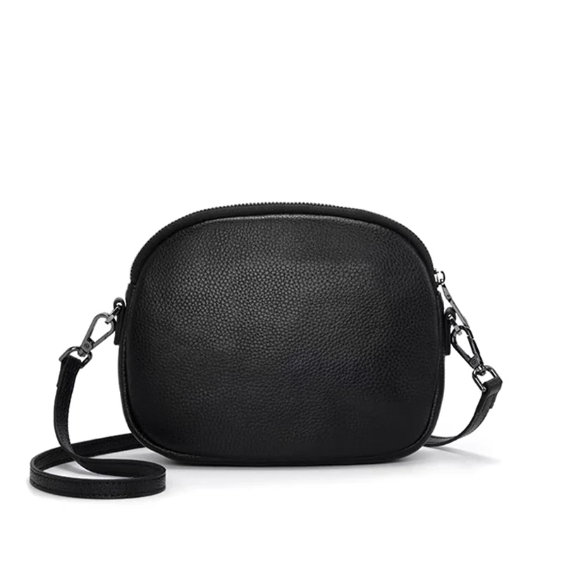 Aidrani  New women\'s single shoulder crossbody bag, made of cowhide material, with black circular bag printed with woven texture