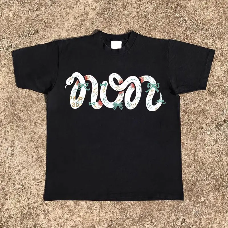 

Creative Snake Printed Pure Cotton T-shirt Men and Women with The Same Round Neck Cotton Short-sleeved T-shirt Drak Style