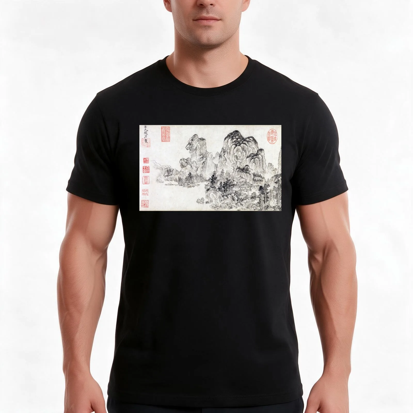 Landscape in the Style of Yan Wengui and Fan Kuan (Restored Japanese Artwork) T-Shirt Summer Casual Cotton Tee 100% Cotton