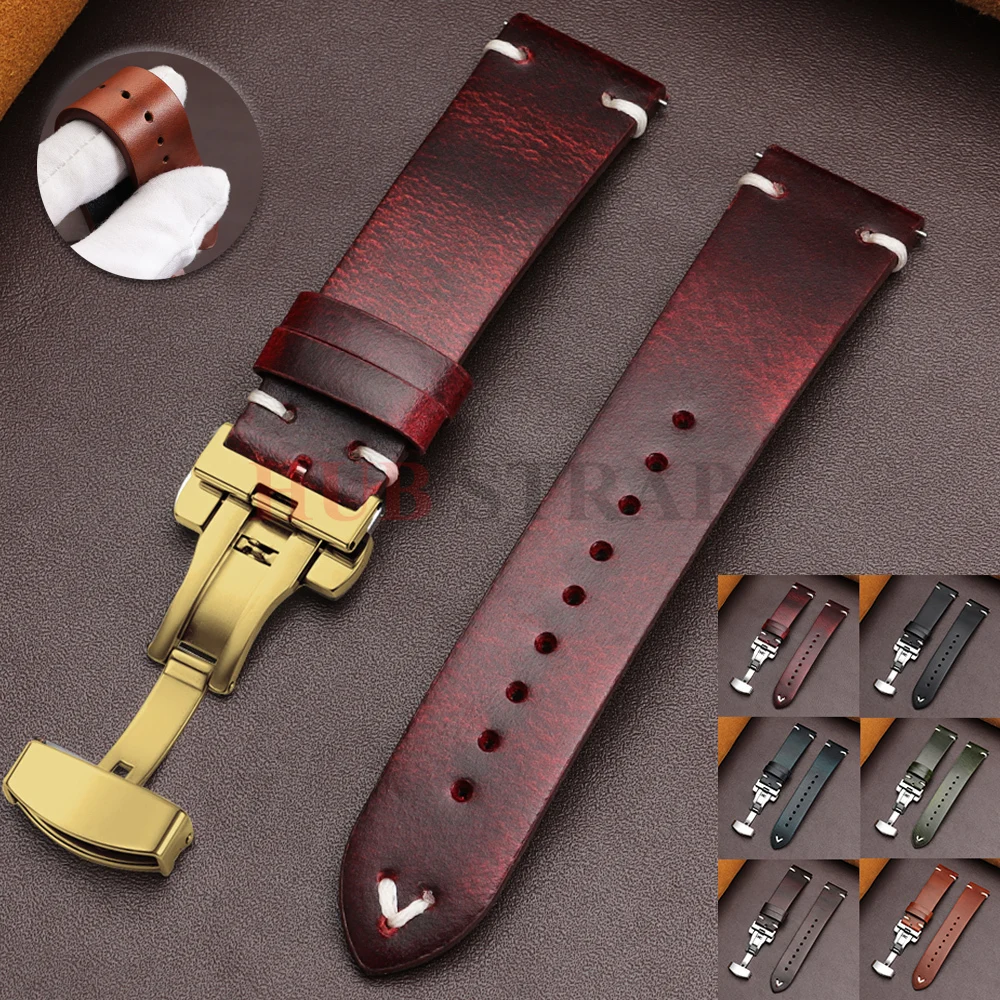 18mm 20mm 22mmBracelet for Seiko Vintage Oil Wax Leather Watch Band Men Women Butterfly Buckle Stitching Cowhide Strap for Omega