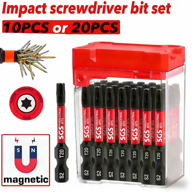 Zestaw 10/20 sztuk bitów do wkrętarek udarowych T20, stal S2, 2 cale (50 mm) bity Torx do wkrętarek elektrycznych, czerwone wytrzymałe pudełko do przechowywania, odpowiednie do wiertarek elektrycznych / wkrętarek udarowych