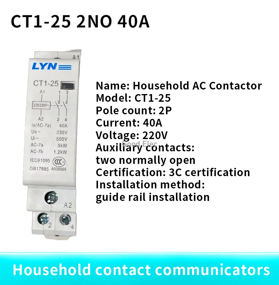 CT1-25 2P 16A/20A/25A/40A 24V/110V/220V 50/60HZ Din rail Household ac Modular Single phase AC contactor 2NO