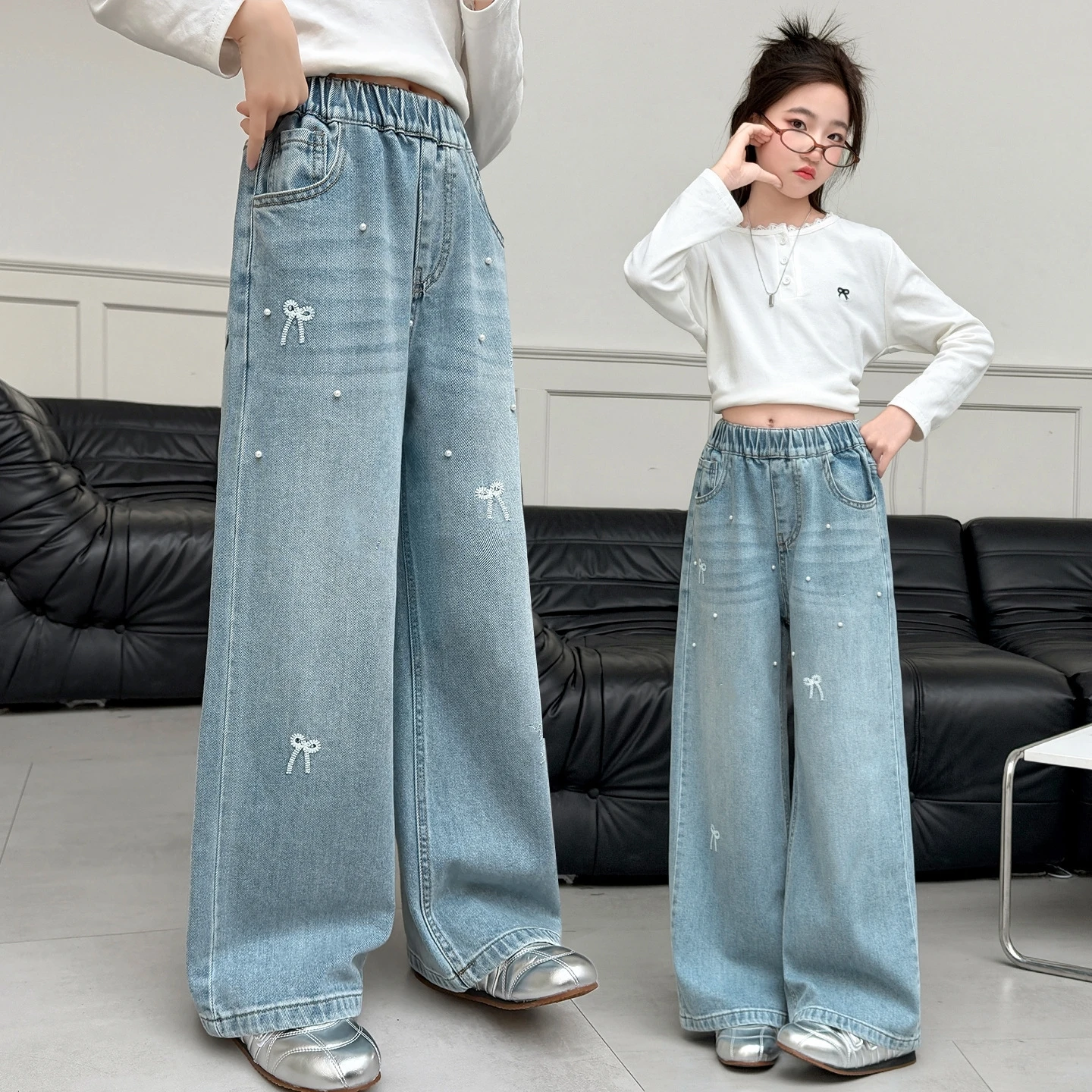 Teen Girls Fashionable Jeans Spring Autumn New Embroidered bead Cartoon Straight Loose Wide Leg Denim Pants for Kids 4-14Years