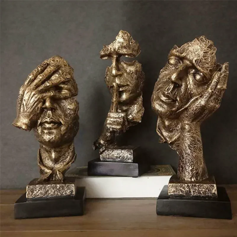 See No Evil Resin Art Silence Mask Figurines Decorations for Home Abstract Silence Is Gold Mask Miniatures Sculpture Artwork