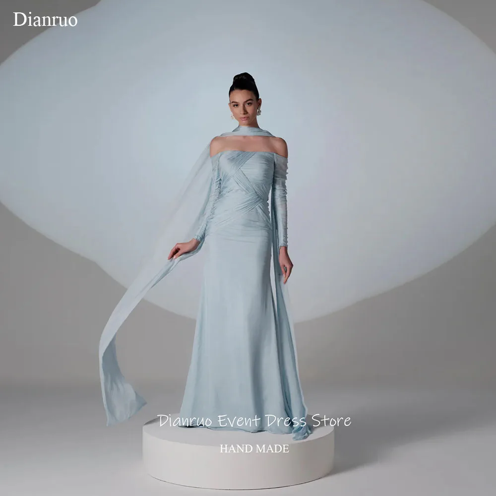 

Dianruo Голубое вечернее платье с открытыми плечами и драпированным лифом, Vestidos De Festa, шифоновые ленты, платья для выпускного вечера, 2025 г., по индивидуальному заказу