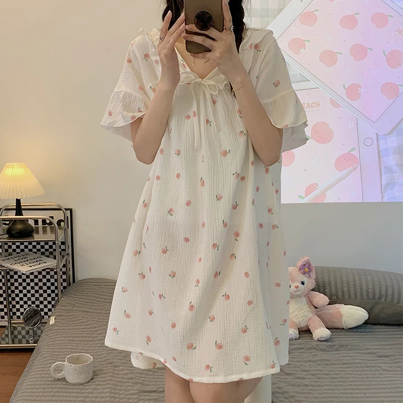 Women\'s Nightdress Loungewear Korean Version Sweet Foam Nightdress Women\'s New Summer Short Sleeve Nightgown Dress Loungewear