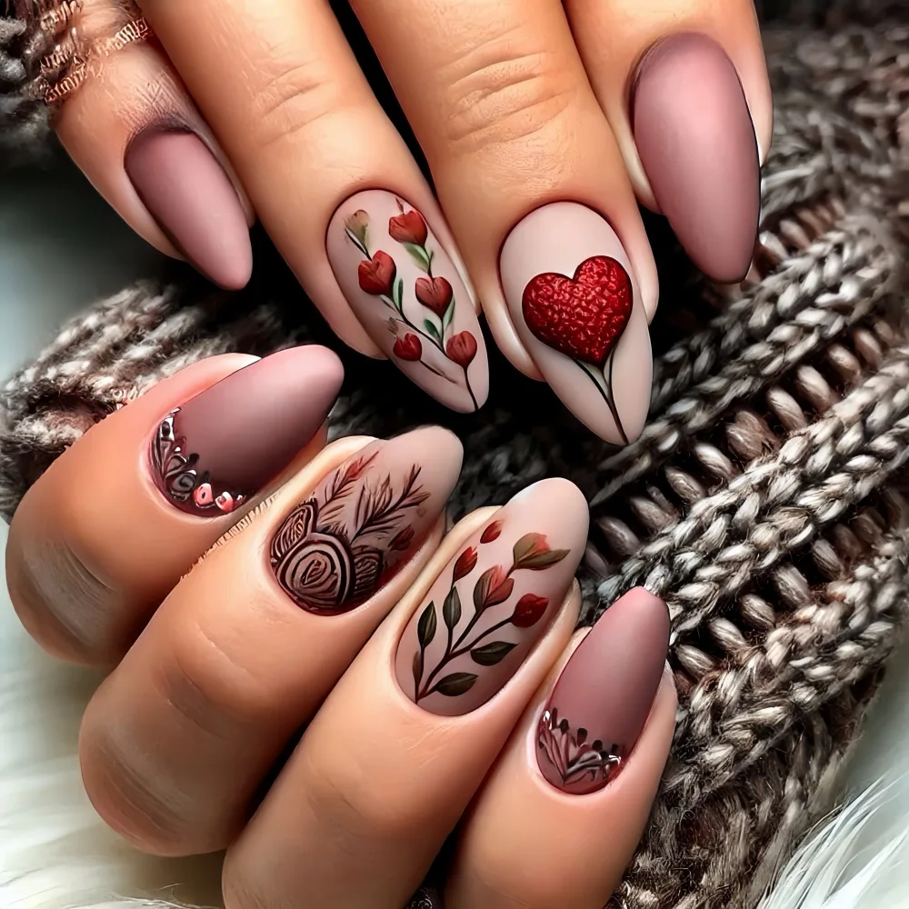 

24Pcs Romantic Heart Flower Nail Press on Nails with Colorful Floral False Nails Exotic Almond Nail Art Vintage Matte Fake Nails
