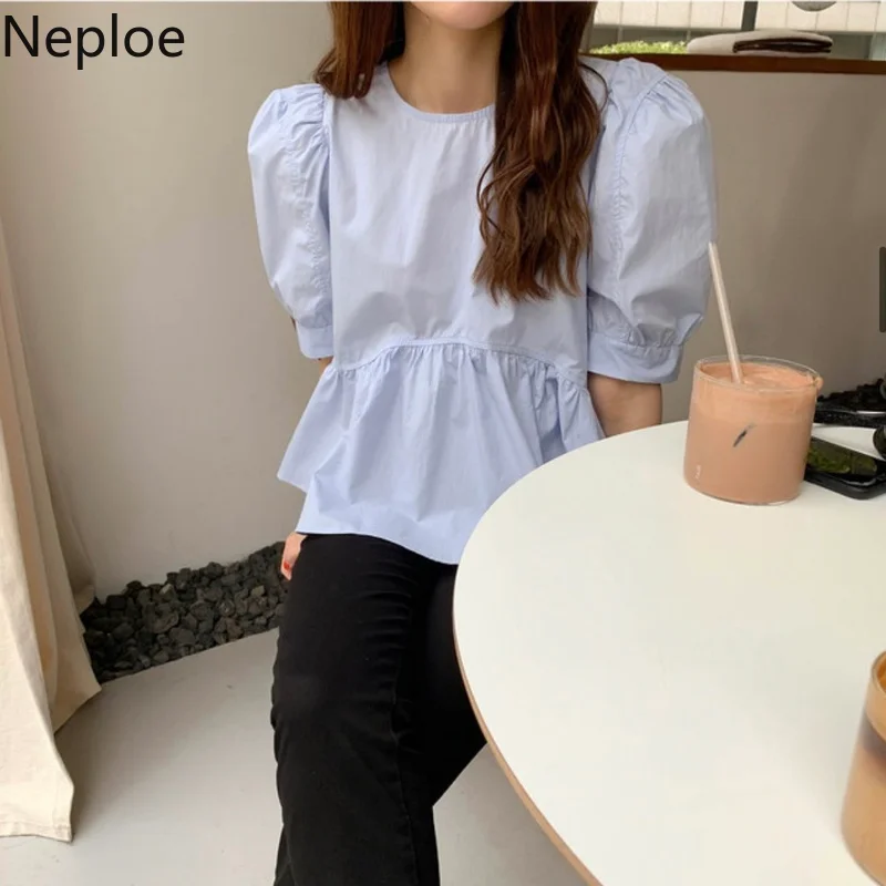 Neploe Korean Sweet Fluffy Ruffle Blouse Women Vintage Puff Sleeve Temperament Shirts Fashion O Neck Simple Loose All-match Tops