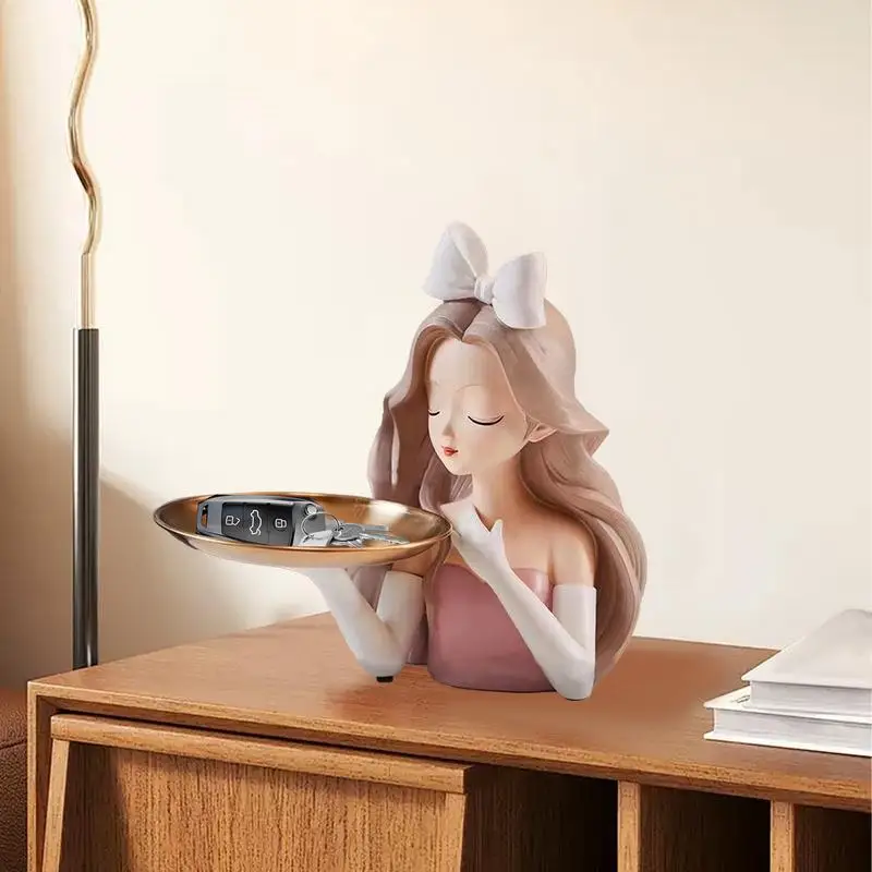 Girl Key Dish Bowl Key Tray Catch All Trays Candy Tray Key Bowl Resin Girl Statue Jewelry Organizer Collectible Figurines Home