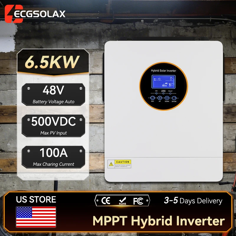 ECGSOLAX US 6.5KW Hybrid Solar Inverter Pure Sine Wave 48V 120V/240V Off Grid Inverter 100A MPPT Solar Split Phase Inverter