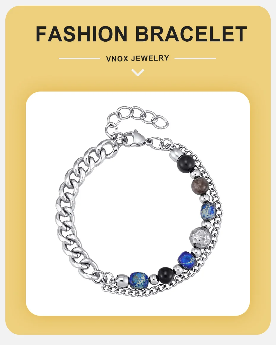 Vnox Herren-Doppelschicht-Armband, Edelstahl Kubanisches Türkis-Perlenarmband, Verstellbarer Schmuck für Männer, für den täglichen Gebrauch und Partys. – Detail 1