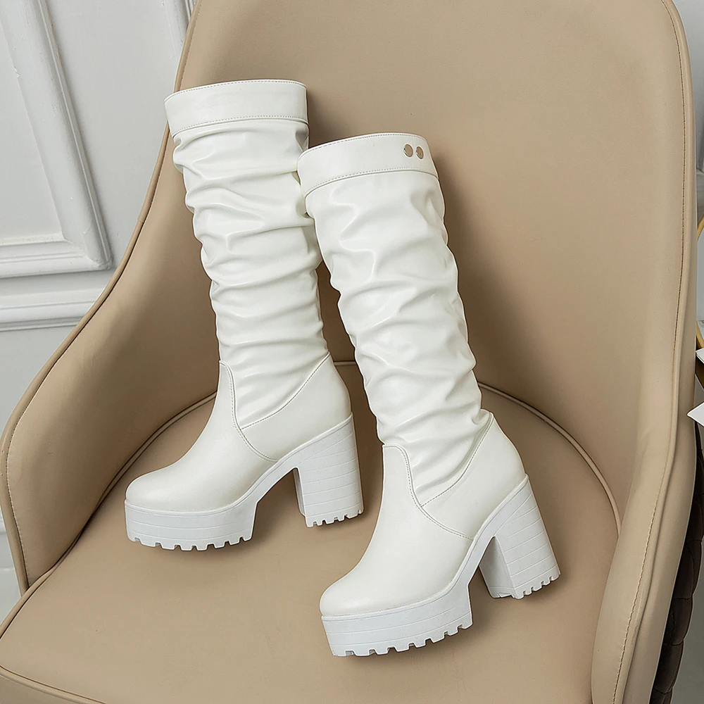 Platform Chunky High Heeled Women Knee High Boots Fashion Cool Round Toe Pleated Heeled Boots Gothic Uniform Dress Shoes White