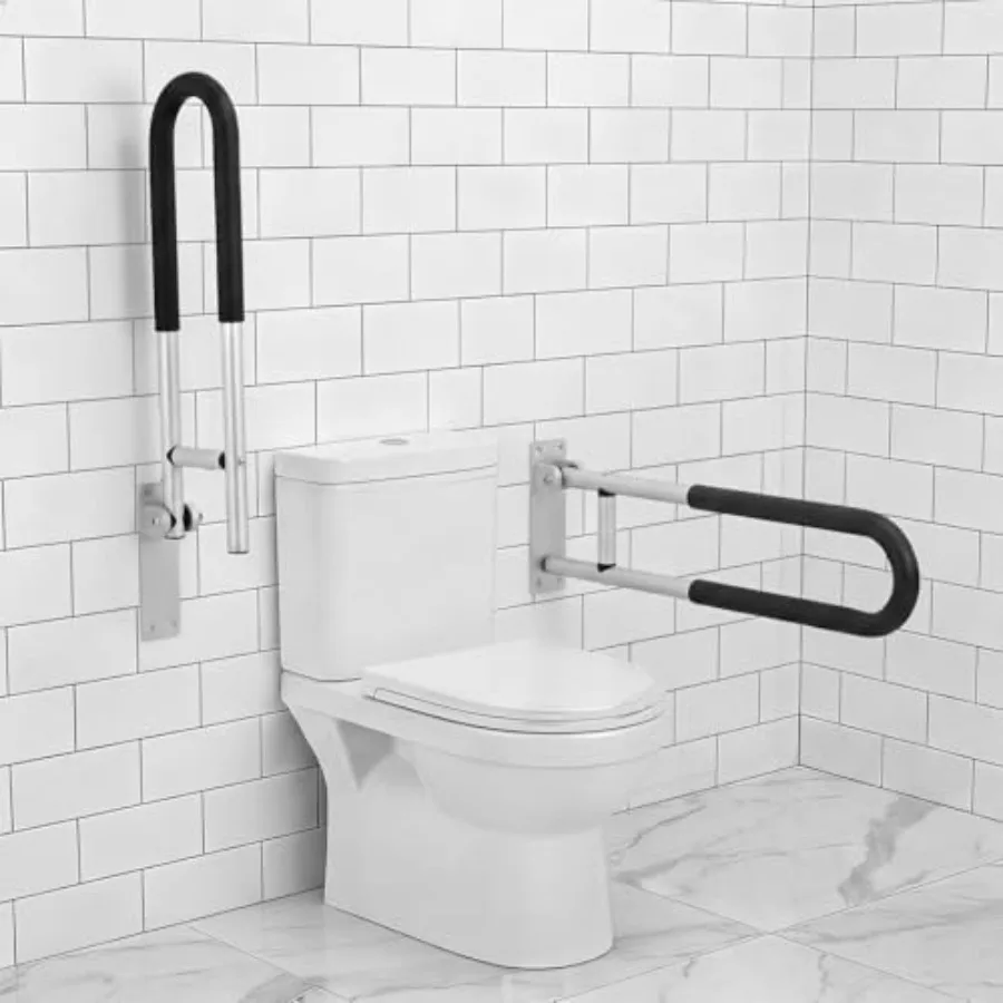 

2 Pack Flip Up Toilet Safety Rails Anti Slip Extra Long Handicap Grab Bar with Paper Holder Heavy Duty Bathroom Support Rail fo