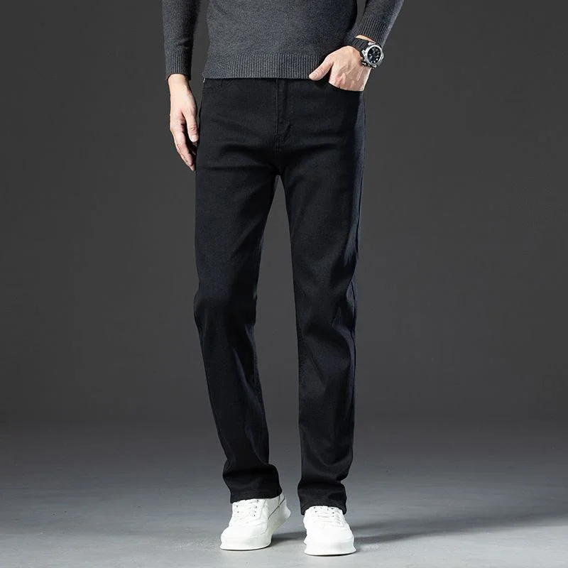 الرجال الدافئة الخريف الشتاء صوف مبطن سميكة الجينز الذكور موضة فضفاضة مستقيم الدينيم السراويل الذكية عادية سليم صالح بنطلون