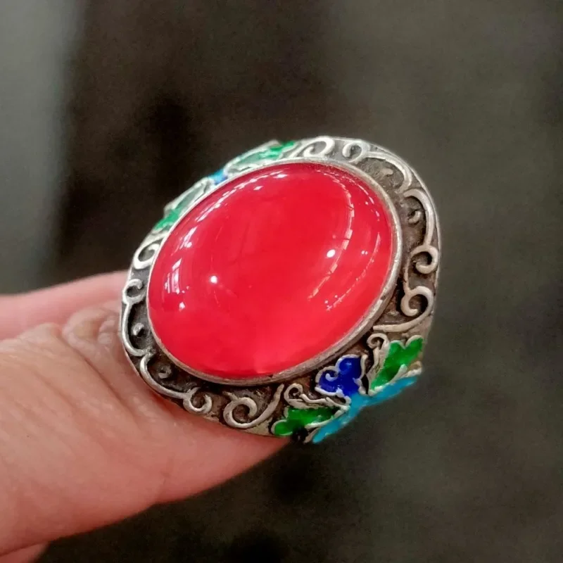 Vintage Antique Coral Inlay Silver Ring, Tibetan Style Bold Open Thumb Ring