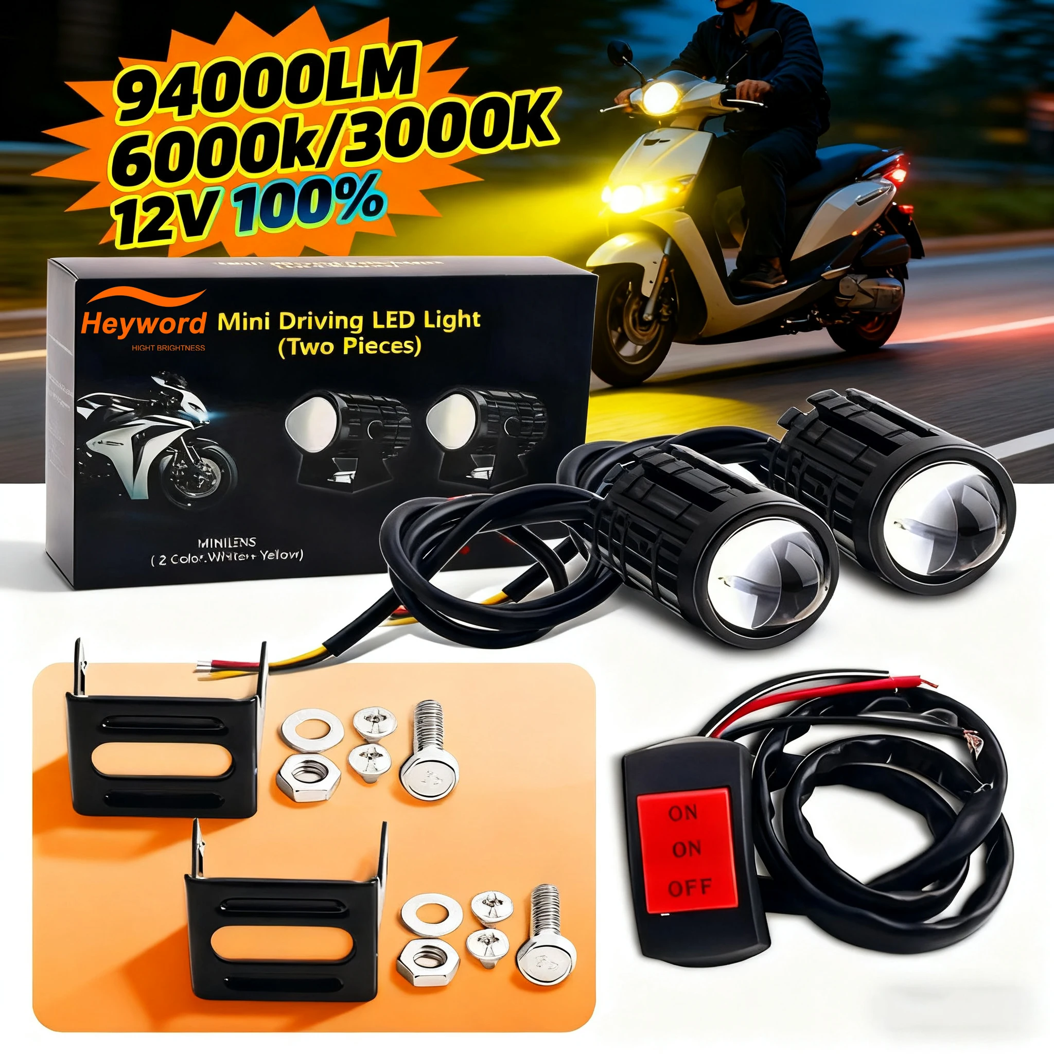 

Heyword Мотоциклетные светодиодные противотуманные фары ATV Противотуманные фары Вспомогательный прожектор Линза проектора Супер яркий электродвигатель Противотуманная фара