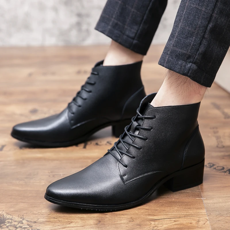 Men Leather Ankle Boots Round Toe Lace-up Fashion Business Boots