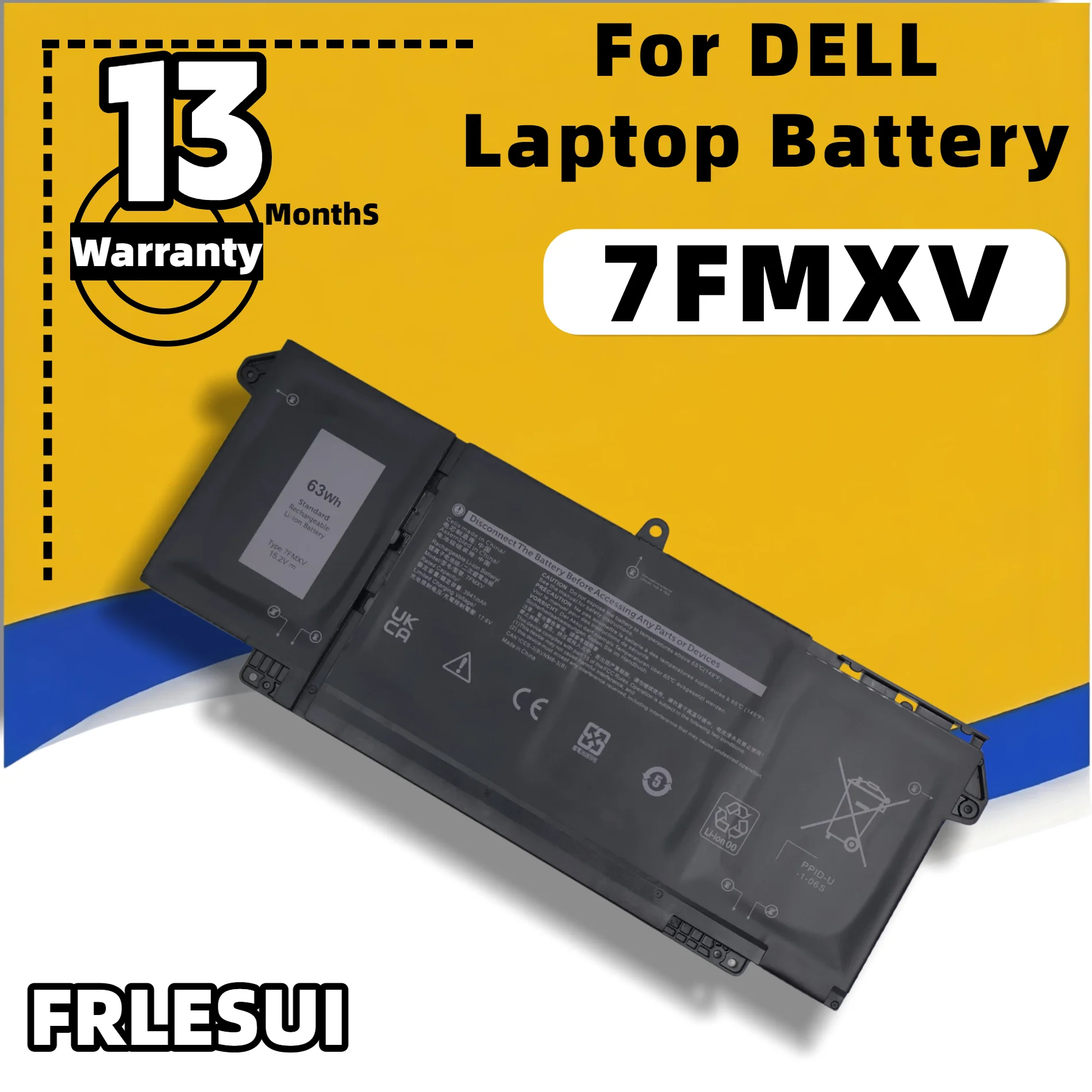 FRLESUI 63Wh 4‑Cells Replacement Battery 7FMXV For Dell Latitude 5320 7320 7420 7520 5320 2‑in‑1 7320 2‑in‑1 7420 2‑in‑1 Series